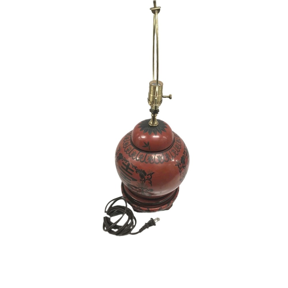Beautiful‎ Chinese Red Lacquer Jar Table Lamp w Shade and Finial 21"